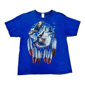Vintage Eagle Wolf Shirt XL Arrowhead Native Feathers Dream Catcher Mountain